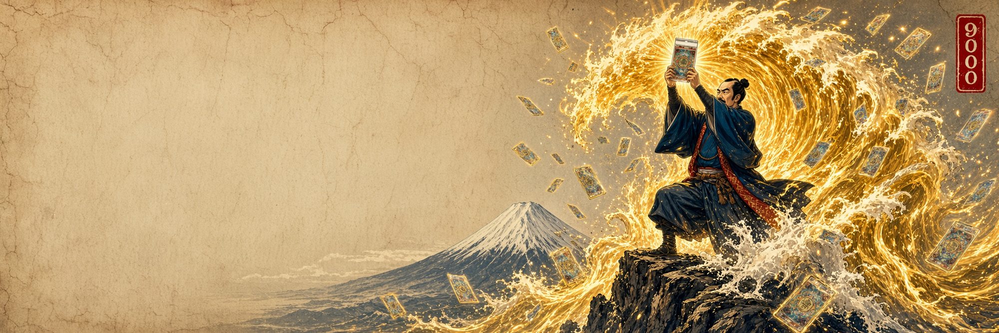 A samurai on a cliff raising a glowing card pack as a golden wave of energy and trading cards crashes behind him, Mount Fuji in the distance